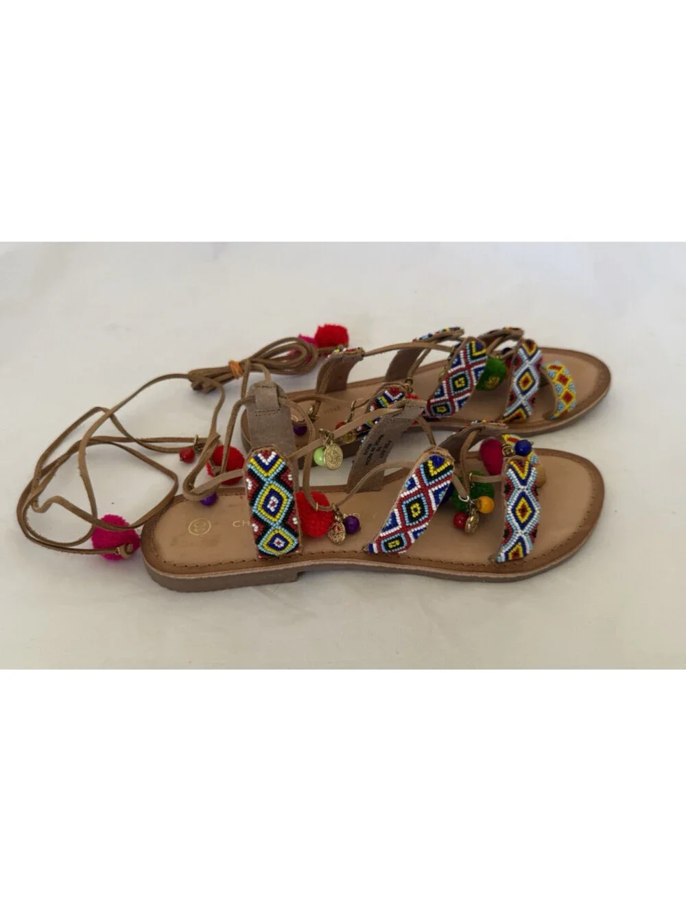 NEW Chinese Laundry Posh Boho Sandals Size 10 Beaded Pom Poms Coins Gladiator